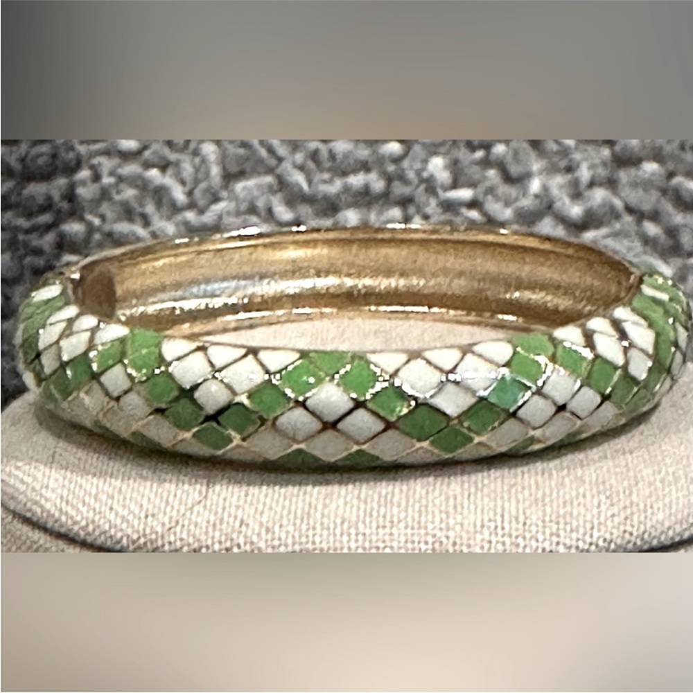Green and White Enameled Mosaic Hinged Clamper Bracelet
